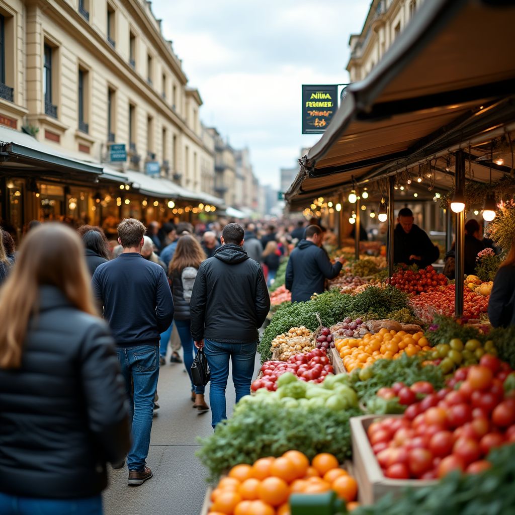 Diverse group of people shopping at a farmers market